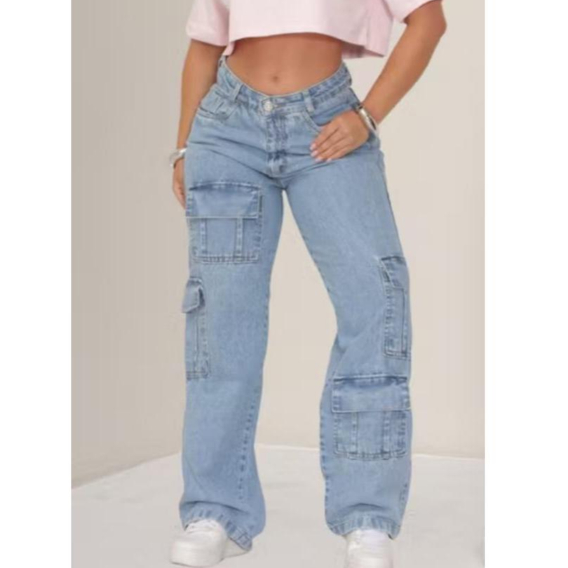 Cargo Calça Jeans Wide Leg Cargo Feminina 4 Bolsos Cintura Alta