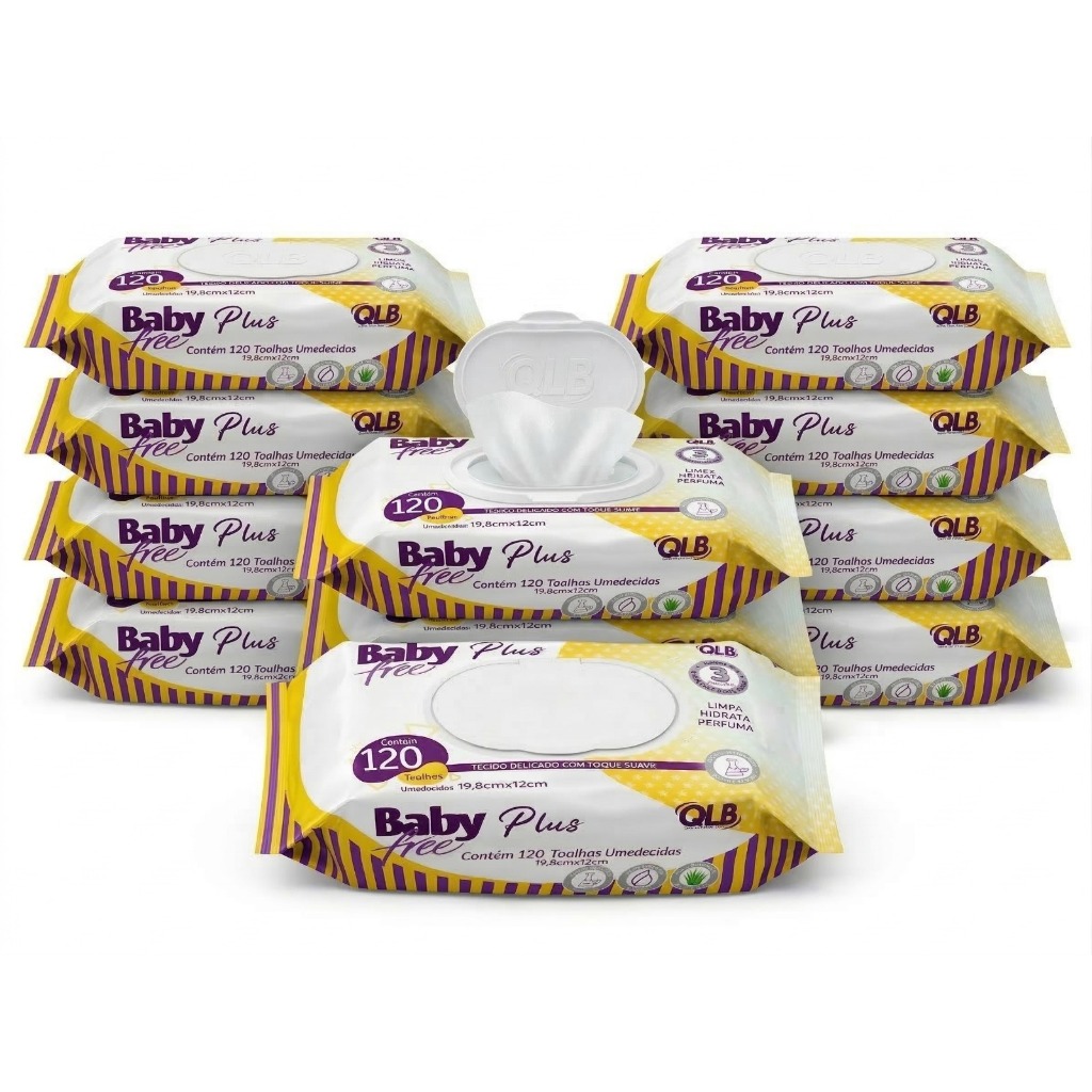 Caixa com 10 Lenços/Toalhas Umedecidas Baby Free Plus c/ 120 Unidades Cada – Tampa FlipTop