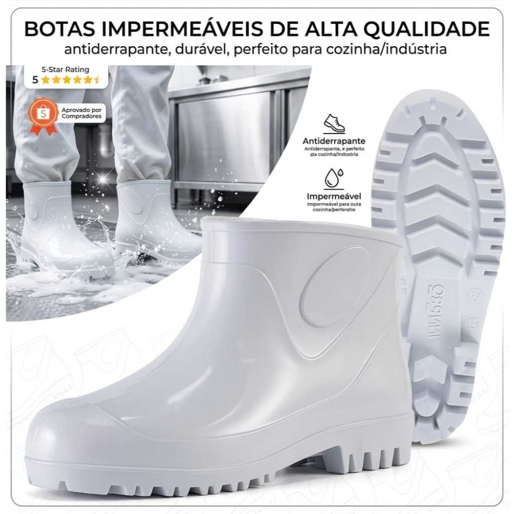 Bota Galocha PVC Impermeável Antiderrapante Cano Curto CA EPI Limpeza Faxina Motoboy Chuva  Branco