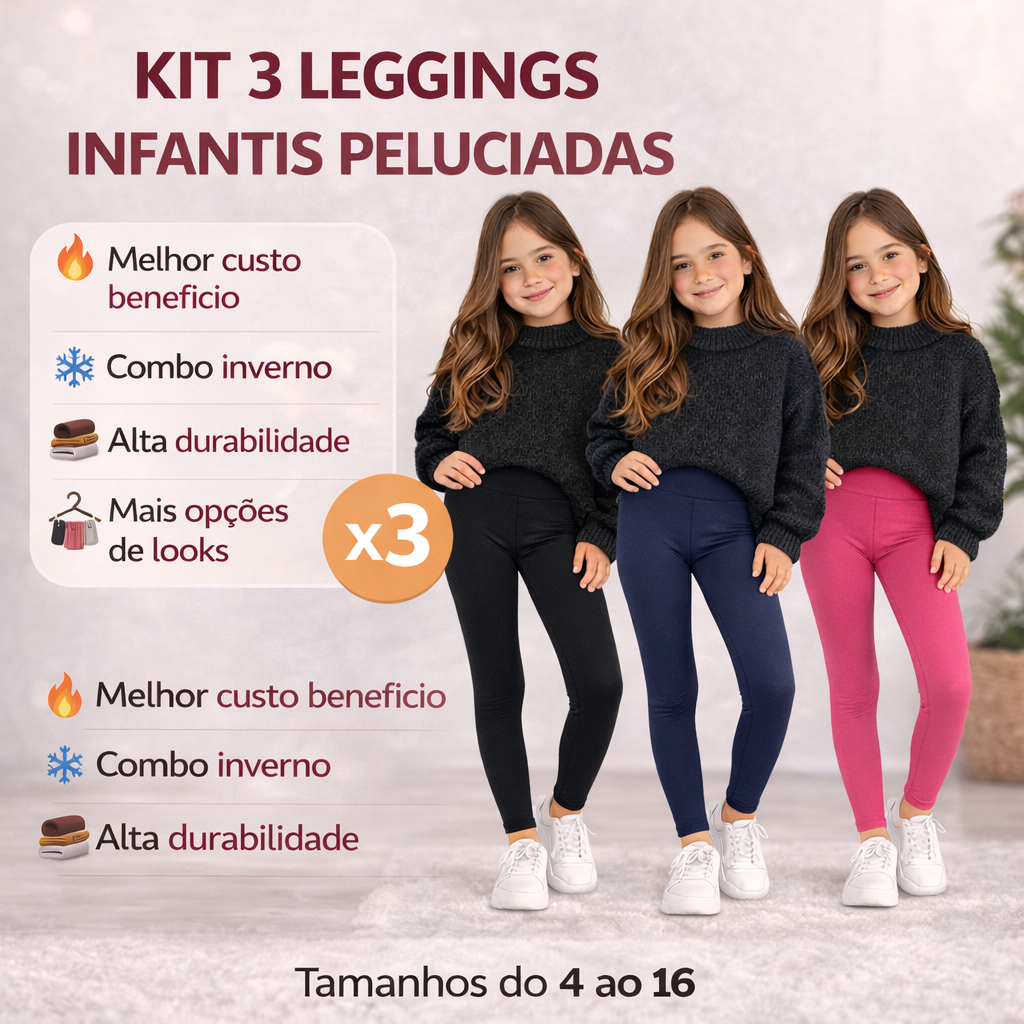 Kit 3 Legging Infantil Peluciada Quentinha Flanelada Inverno Menina Grossa Confortável Tam 4 ao 16