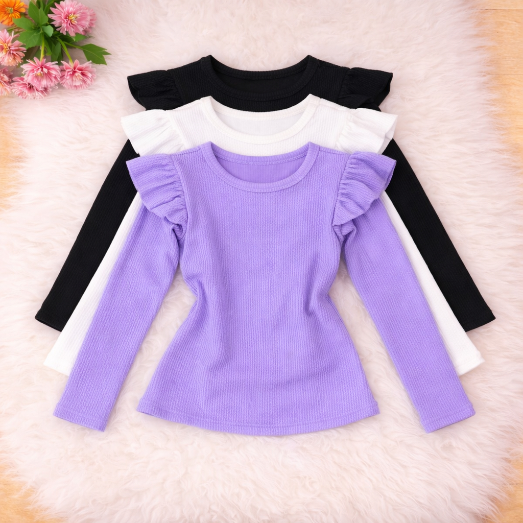 KIT 3 peças Blusa Infantil menina manga longa comprida com babado moda frio Outono Inverno