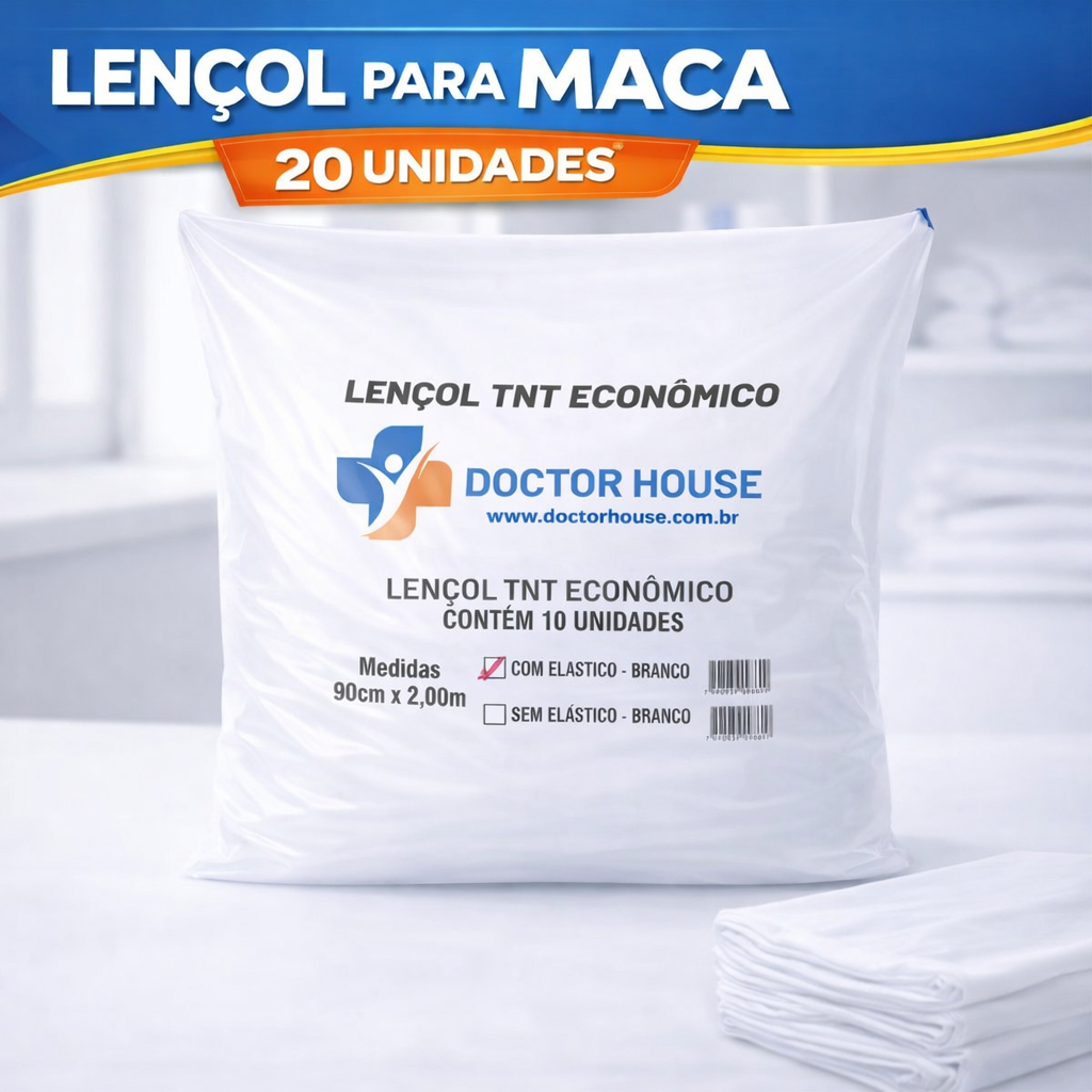 20 Lençol Descartável TNT Branco Maca 2,00x0,90 com Elástico Gramatura Leve Uso Clínico Consultório