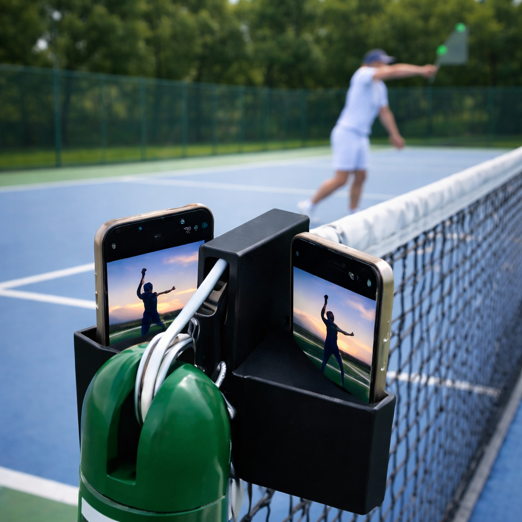 Suporte Duplo De Celular Pra Rede - Filmar Jogos de Beach Tennis, Tennis, Vôlei, Badminton
