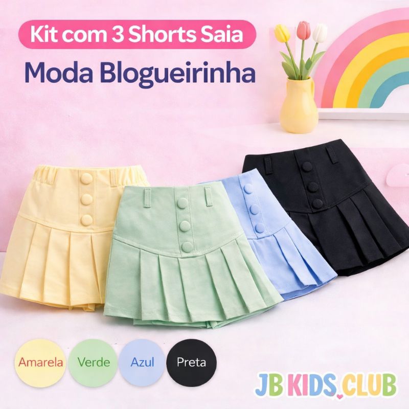 Kit 3 Shorts Saia Infantil Menina Alfaiataria Moda Blogueirinha Cores Lindas 2 ao 10