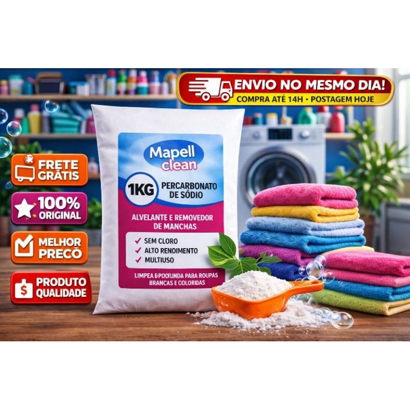 Percarbonato 1kg Alto Poder de Limpeza limpa roupas brancas e coloridas