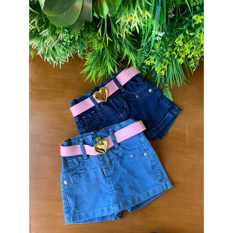 Short Saia Infantil Jeans com Elastano + Cinto rosa Grátis