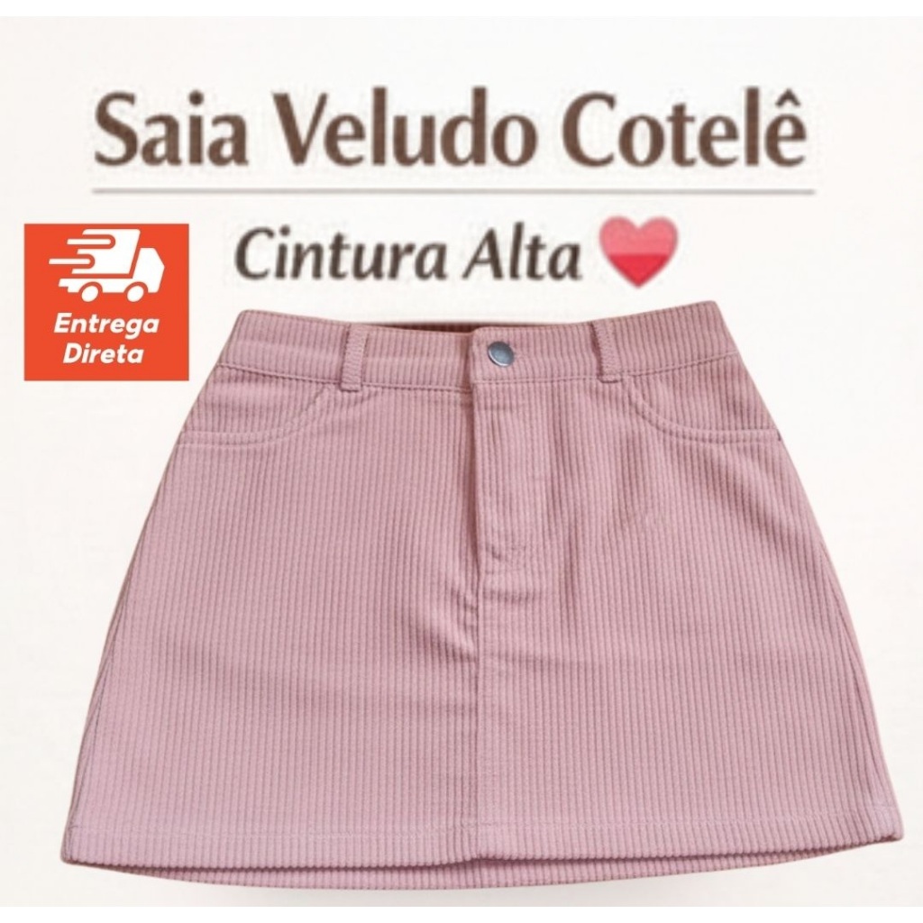 Saia Curta Veludo Cotelê Feminina Cintura Alta com Bolso do P ao GG