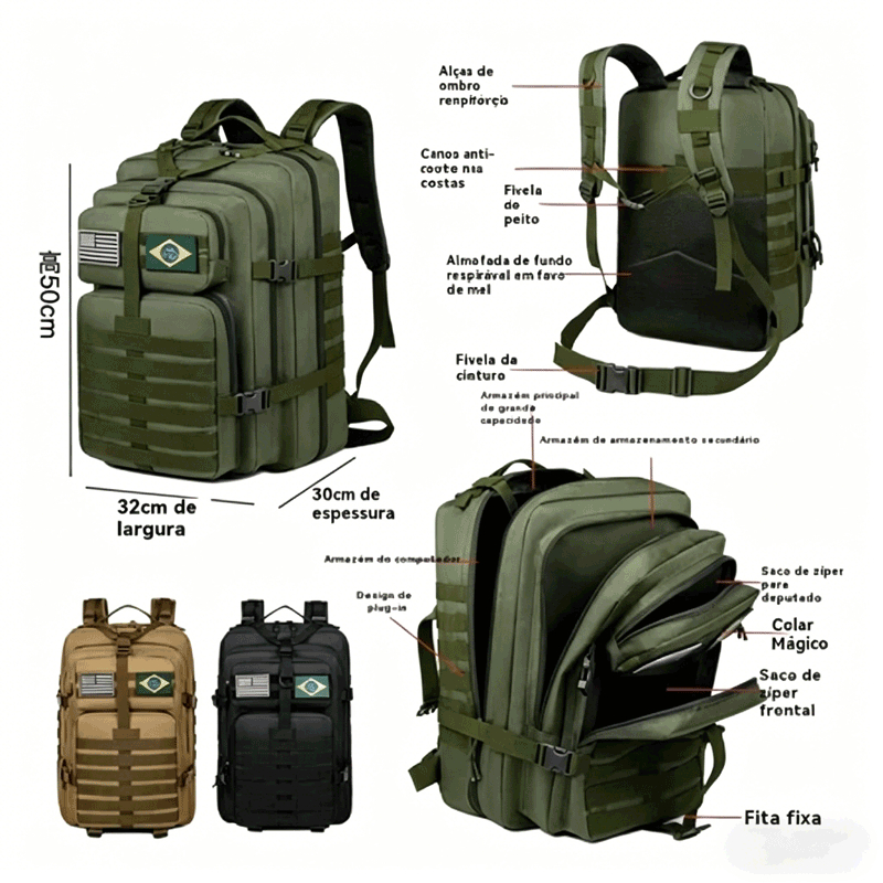 Mochila Militar Tática 50 Litros Grande Reforçada Impermeável Ideal para uso outdoor, trilha e ciclismo