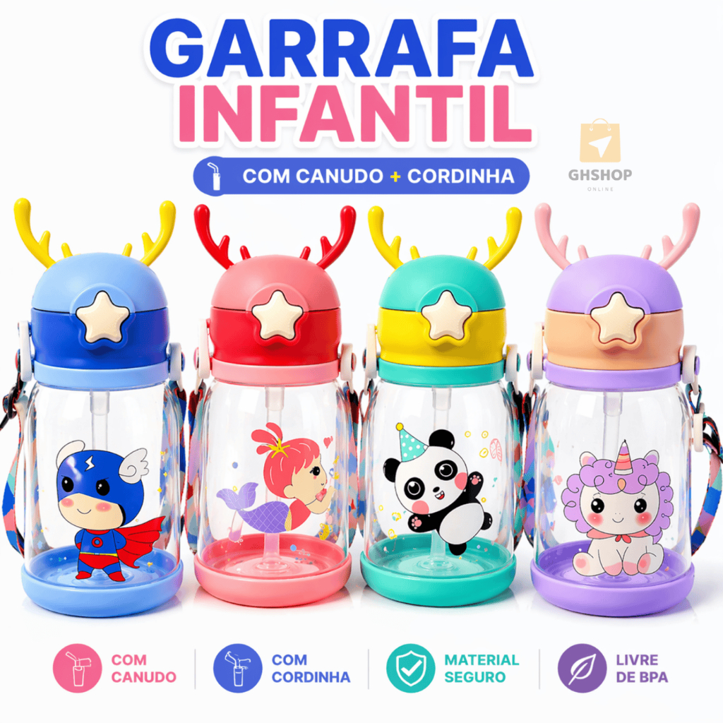 Garrafa de Agua Infantil Com Alça Canudo 600ml Copo de Alce Menino Menina