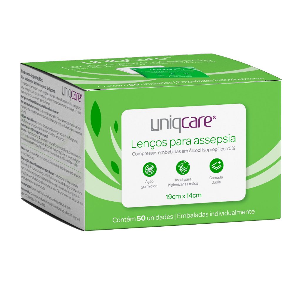 Lenço para Assepsia Uniqcare Álcool Isopropílico 70% - Caixa 50un Swab Grande 19x14cm