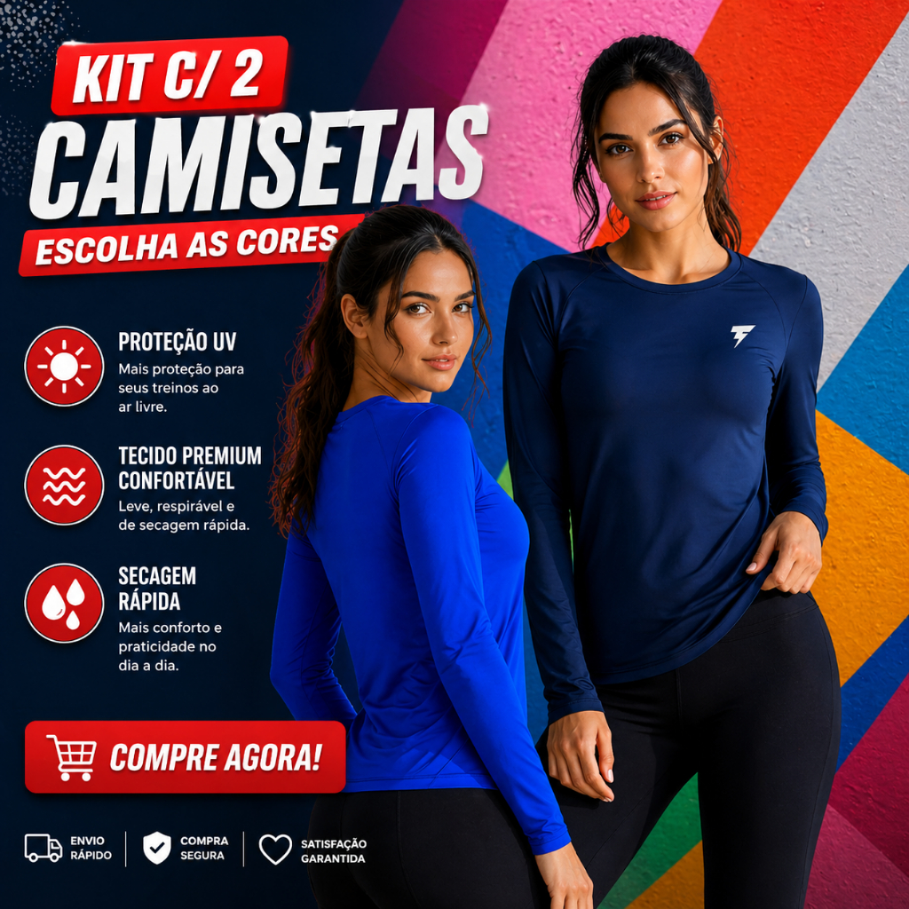 Kit 2 Camiseta Feminina Proteção Solar UV+50 Segunda Pele Moda Praia