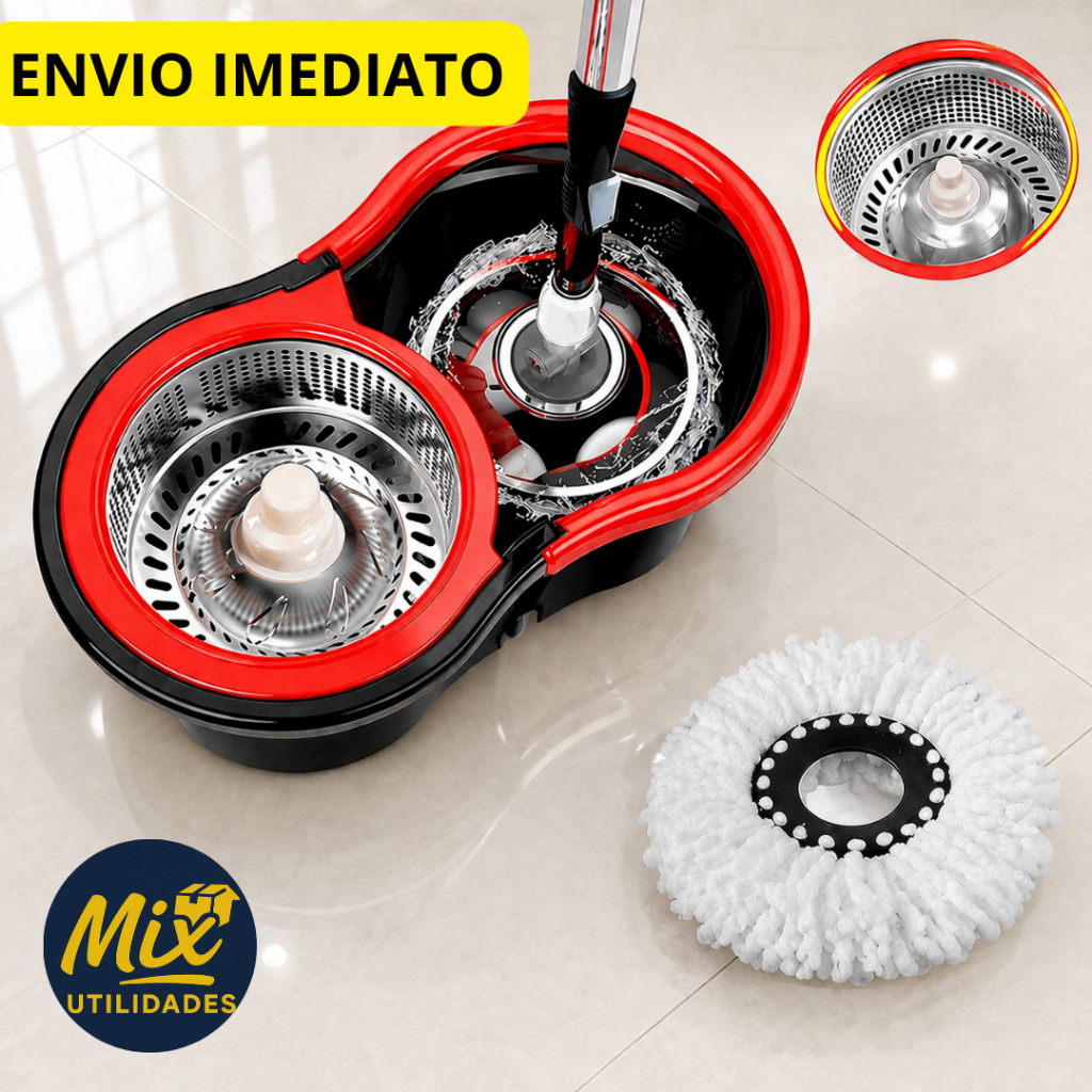 Mop Esfregão Giratório 13 Litros Plástico 360° com Refil Balde e Cesto de Inox Cabo de 140 cm