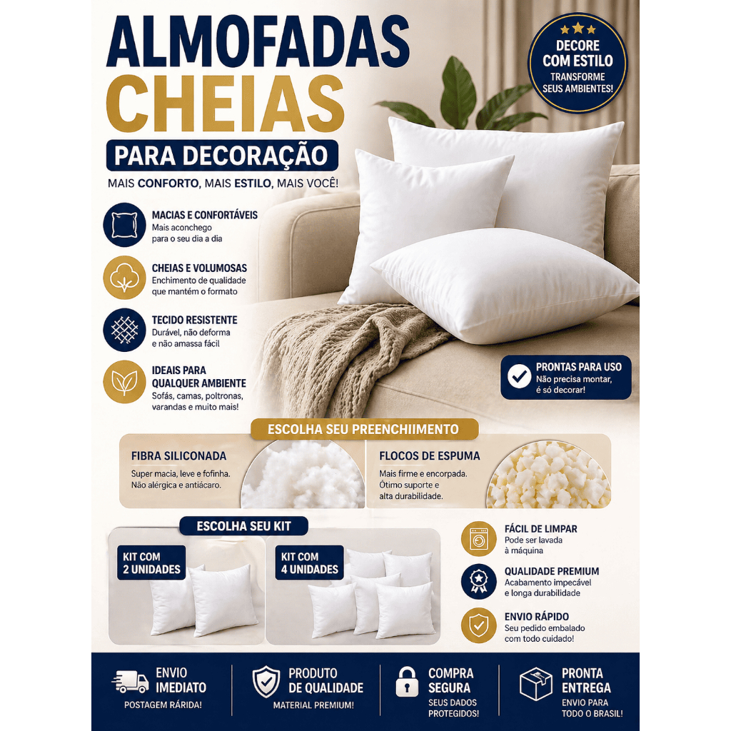 Enchimento de Almofadas refil 45x45 Cheias decoração sofás casa