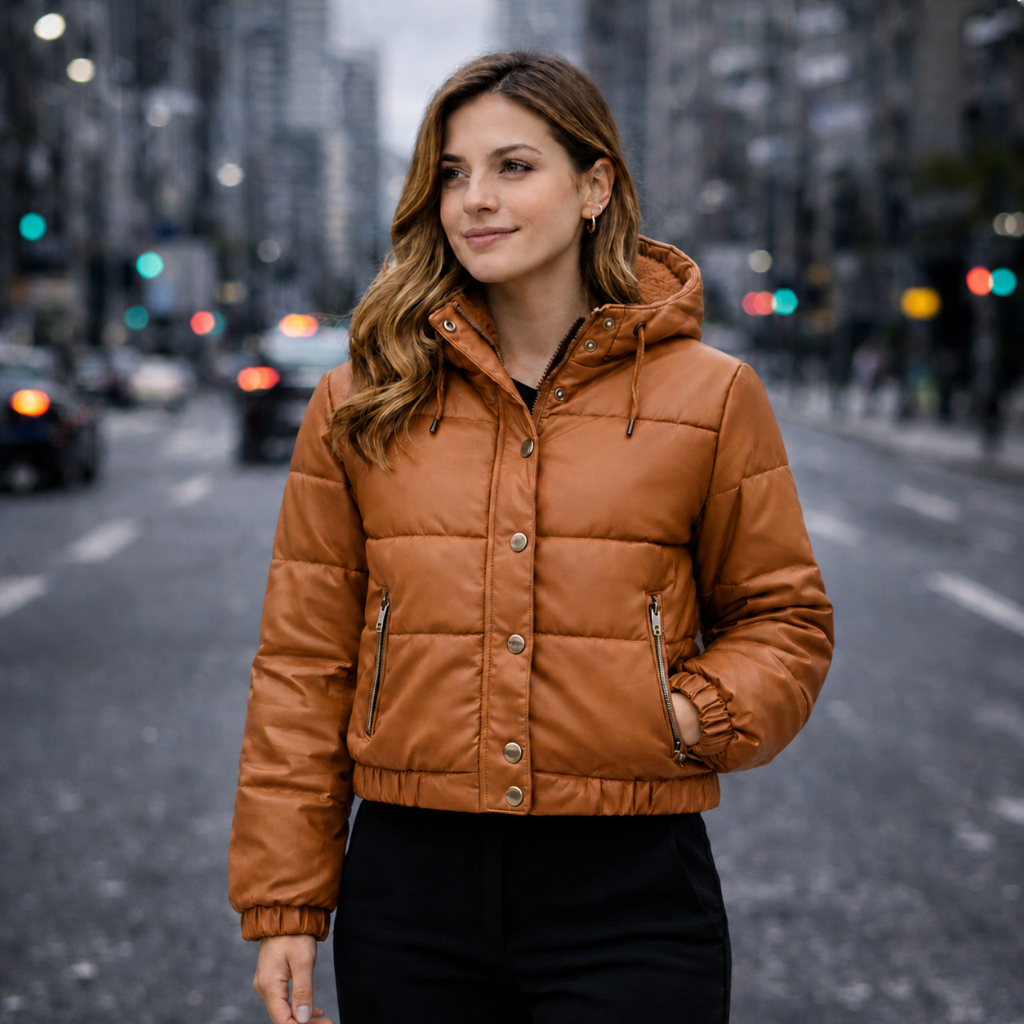 Jaqueta de Couro Feminina Puffer Bobojaco Cropped Peluciada Capuz Removivel