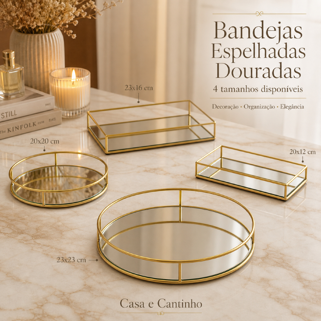 Bandeja Decorativa Espelhado ou Marmorizado Multiuso Retangular ou Redonda em Metal Dourado ou Rosê