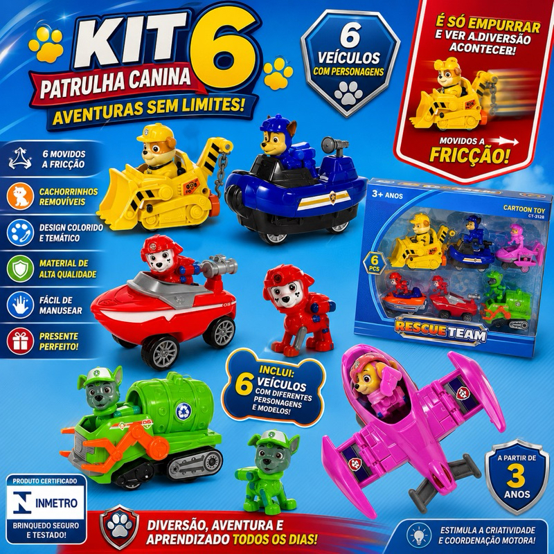 🚤🐶 Kit Patrulha Canina Aquática com 6 Veículos – Carrinhos de Fricção Infantil 🌊🚓