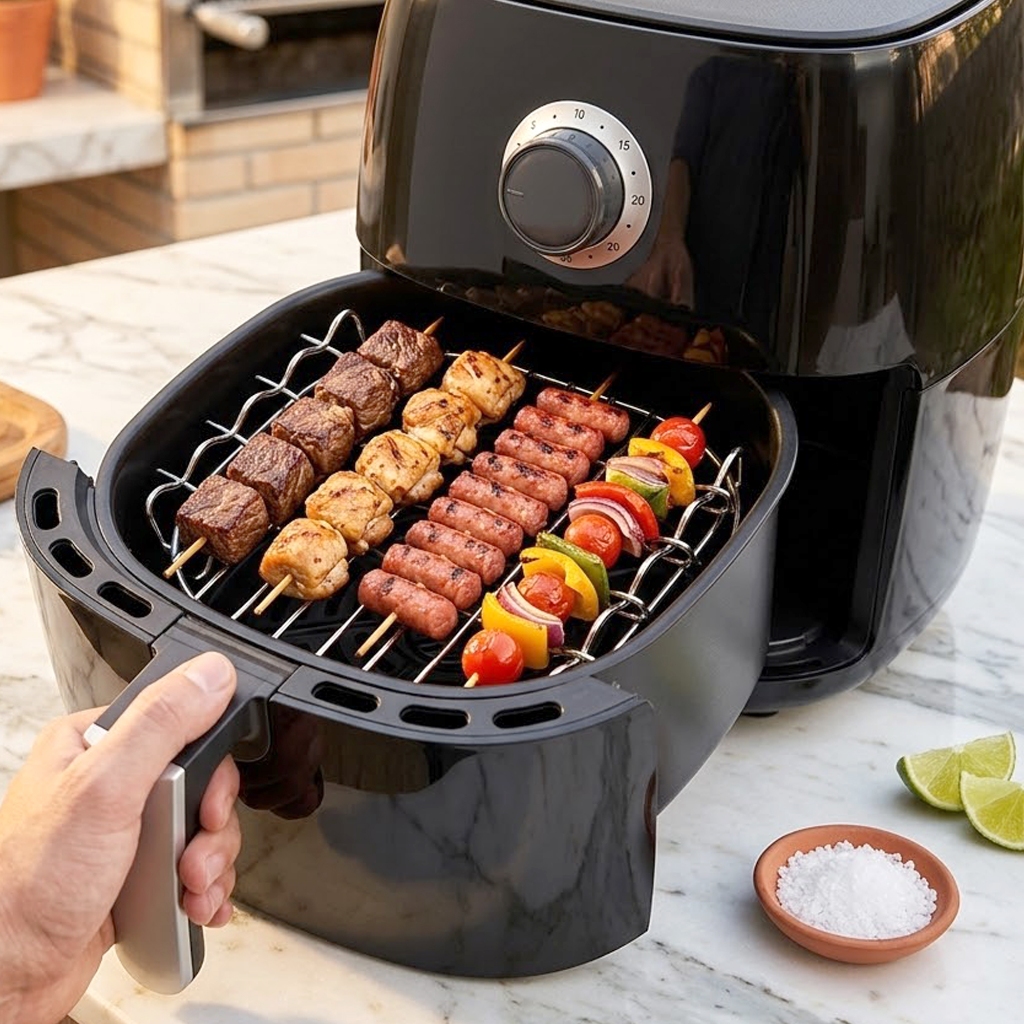 Kit Espetos Churrasco Para Air Fryer Com Rack Suporte Espetinho Ponta Grelha Portátil Multiuso Forno