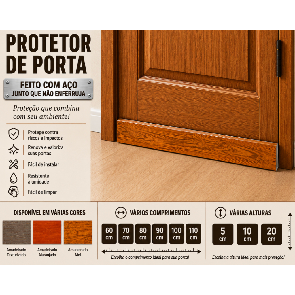 Salva Protetor de Porta com 3,5cm de espessura Metal com Pintura Amadeirada Não Enferruja