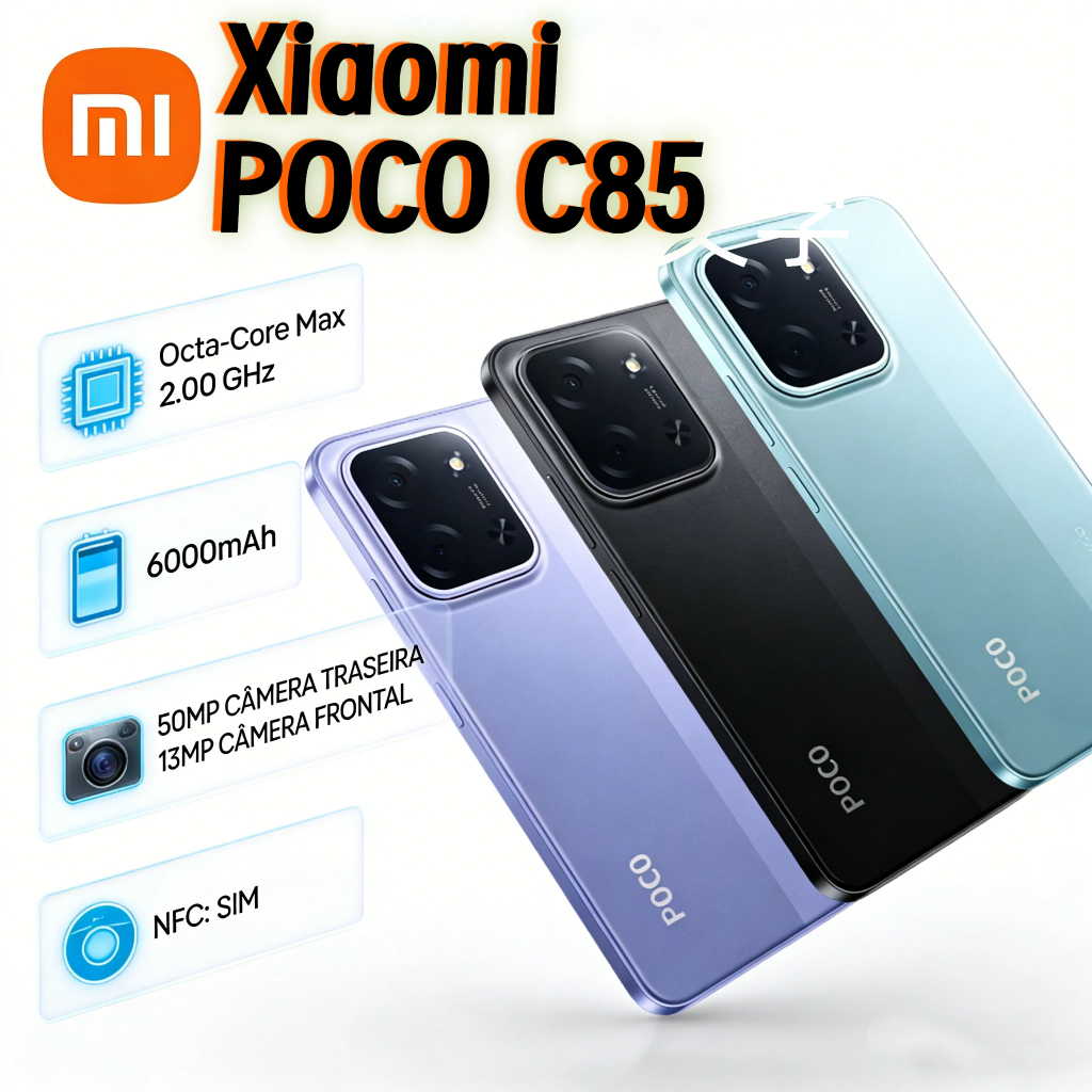 Xiaomi Poco C85 NFC 4G 128GB+6GB Smartphone Tela 6.9" HD+ Bateria 6000mAh Dual SIM Celular Desbloqueado Versão Global