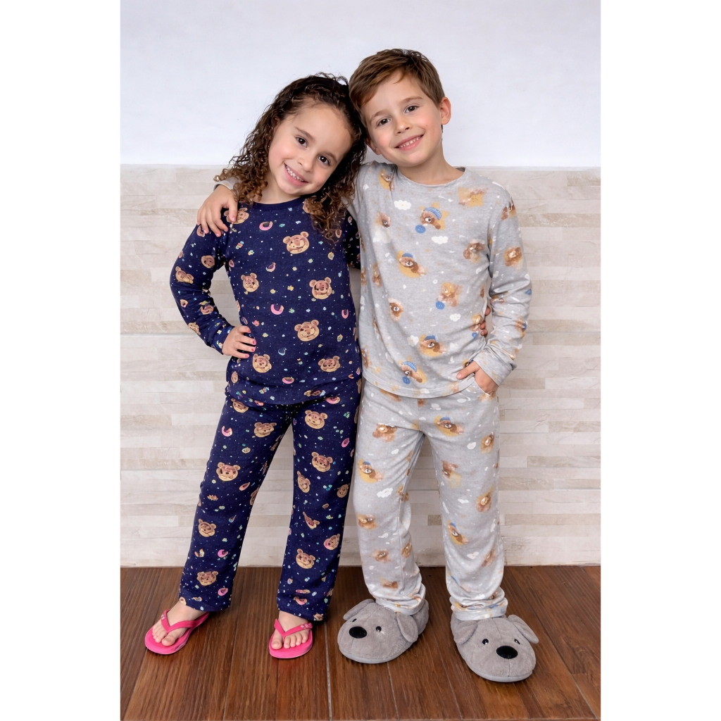 pijama infantil feminino e masculino manga longa inverno 4 a 12 anos longo