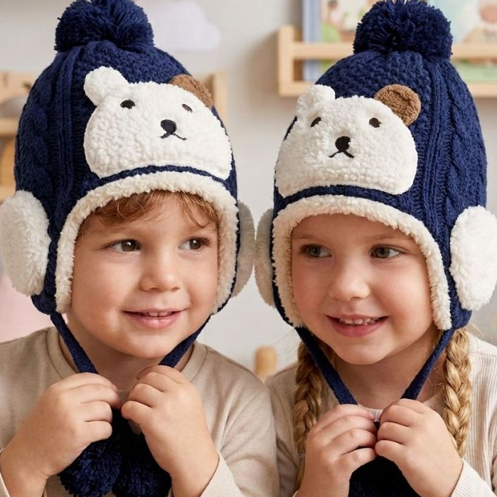 Touca Infantil de Lã Bichinho Com Pom Pom – Inverno Quentinho Com Tapa Orelha Para Meninos e Meninas
