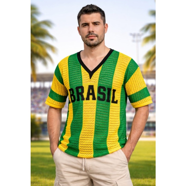 Blusa Brasil Masculino Tricot listrada decote V