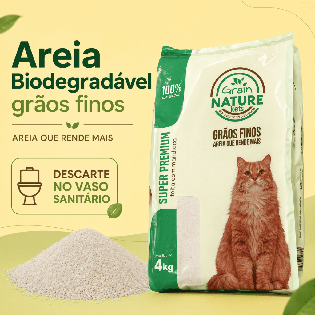 Areia Sanitária Biodegradável Gatos Grãos Finos Grain Nature 4kg Mandioca Descarte Vaso