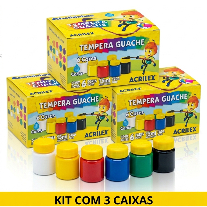 Kit com 3 Tinta Guache Acrilex 6 Cores 15ml Tempera Guache Escolar Original 6 Frascos