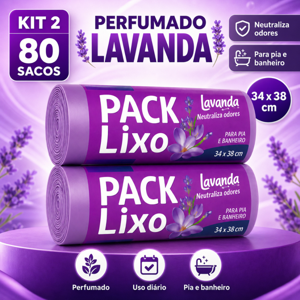 Saco de Lixo Perfumado Lavanda | Kit 2 com 80 Sacos | Anti-Odor | Pia e Banheiro 34x38cm