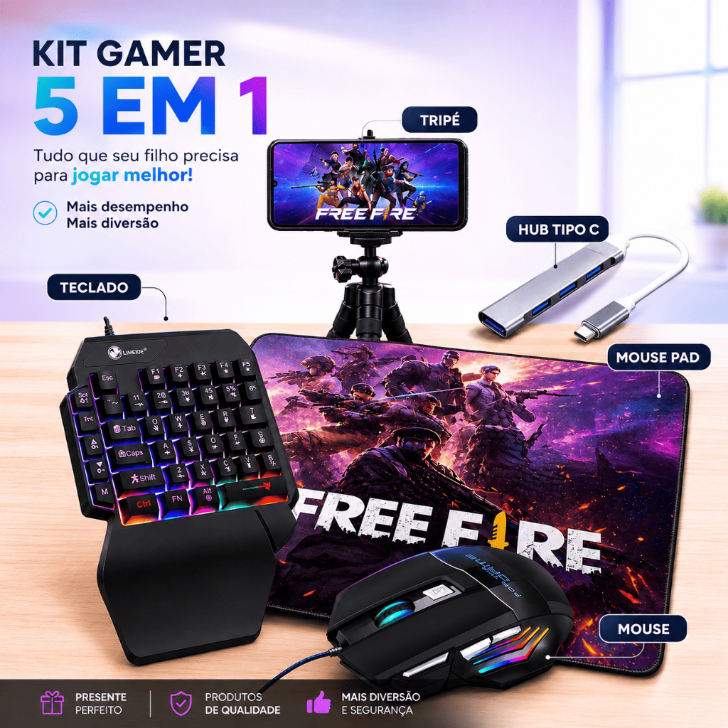 Kit Mobilador Gamer Completo Teclado Uma Mao Mouse Gamer Mousepad 30x90cm Hub Tipo C Tripé Full