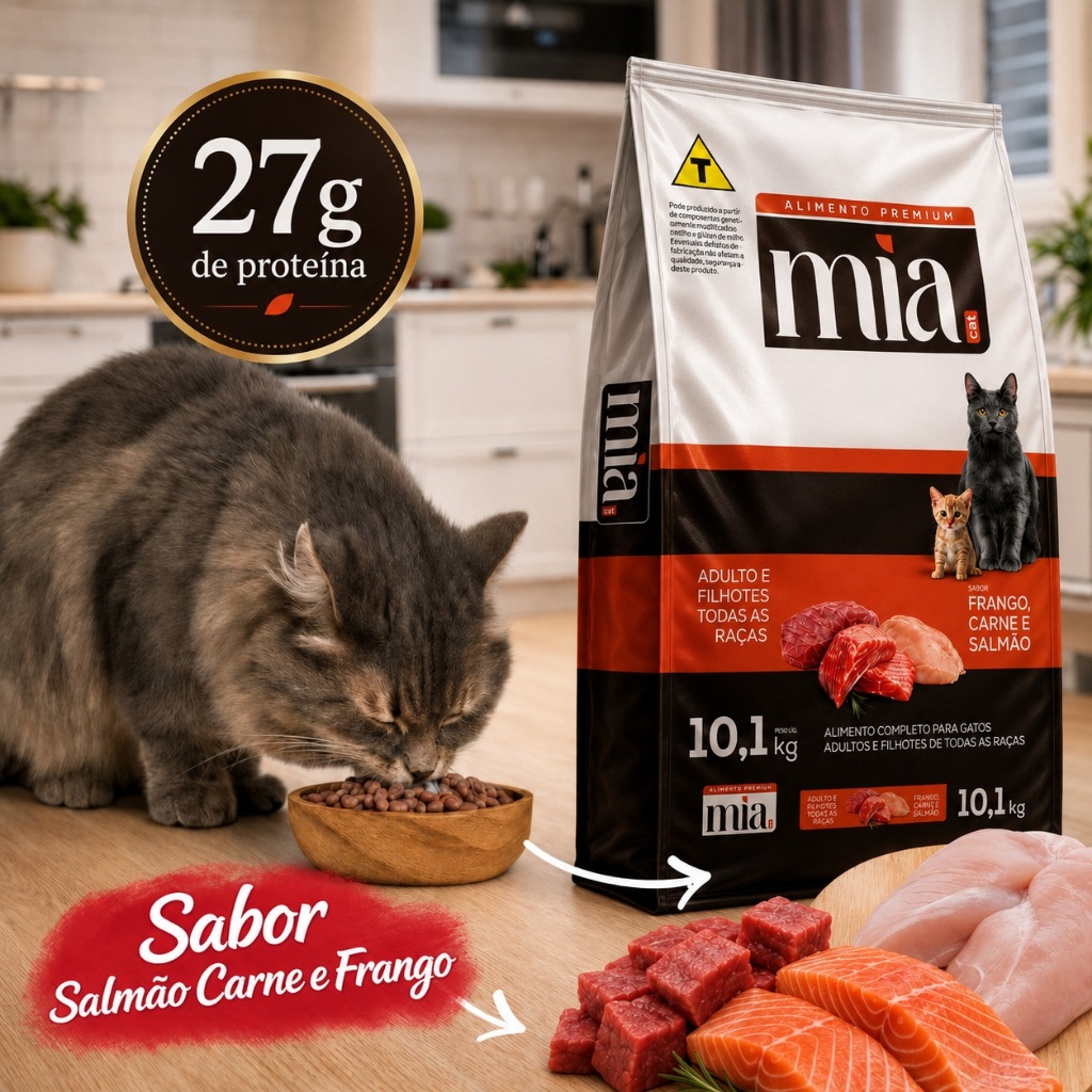 Ração Para Gatos MiaCat 10kg Sabor Carne Frango e Salmão Premium