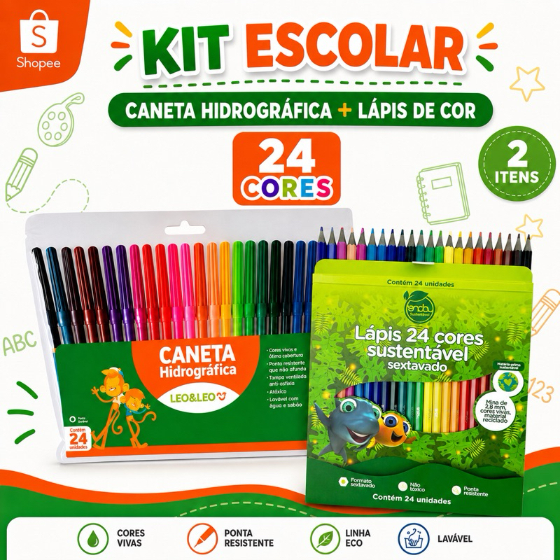 kit Lápis de Cor 24 cores + Canetinha - Caneta Hidrográfica 24 cores Simples -Linha Eco