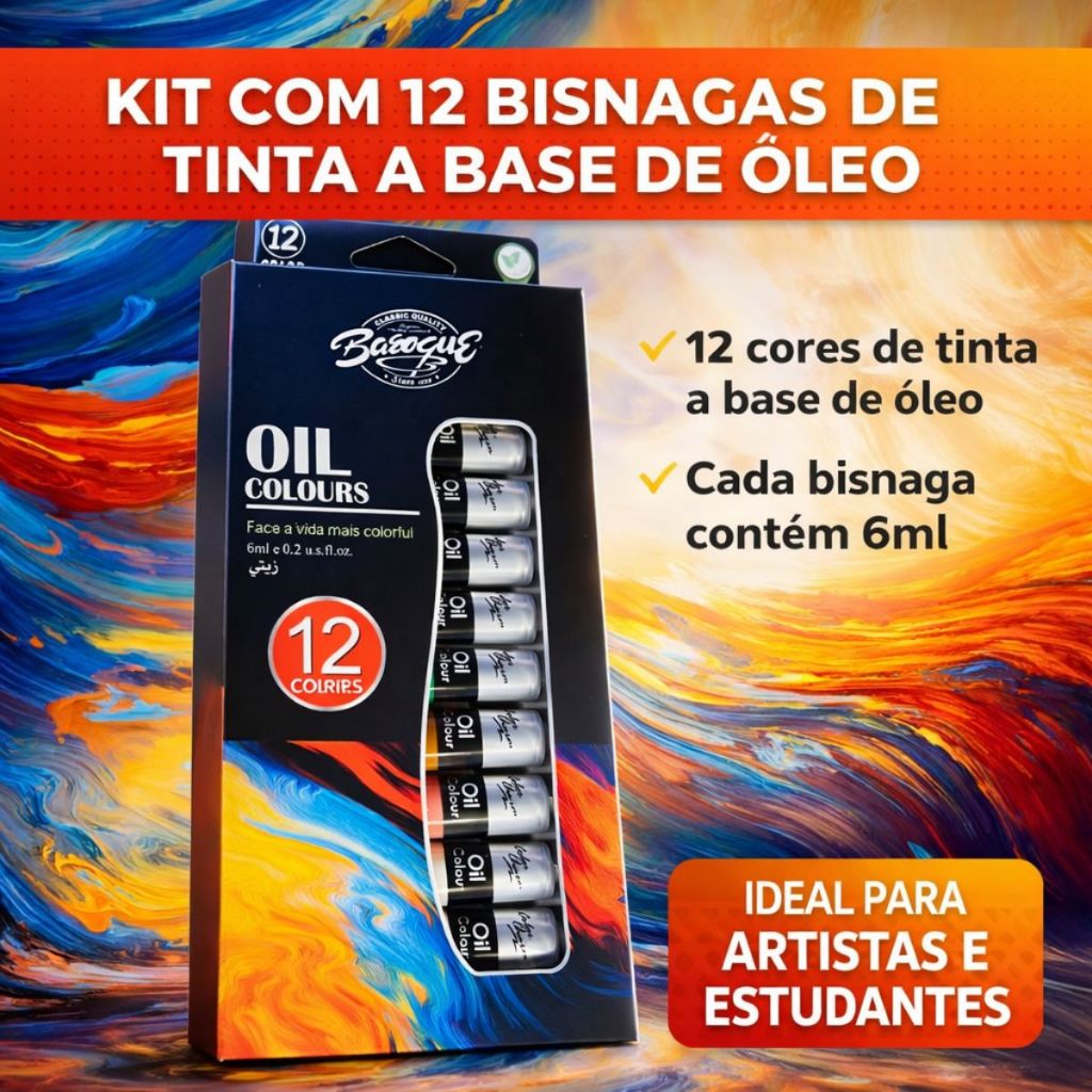 Kit Bisnagas de Tinta Acrílica, Óleo, Aquarela e Guache Baroque – 12 Cores |Secagem Rápida 6 ML