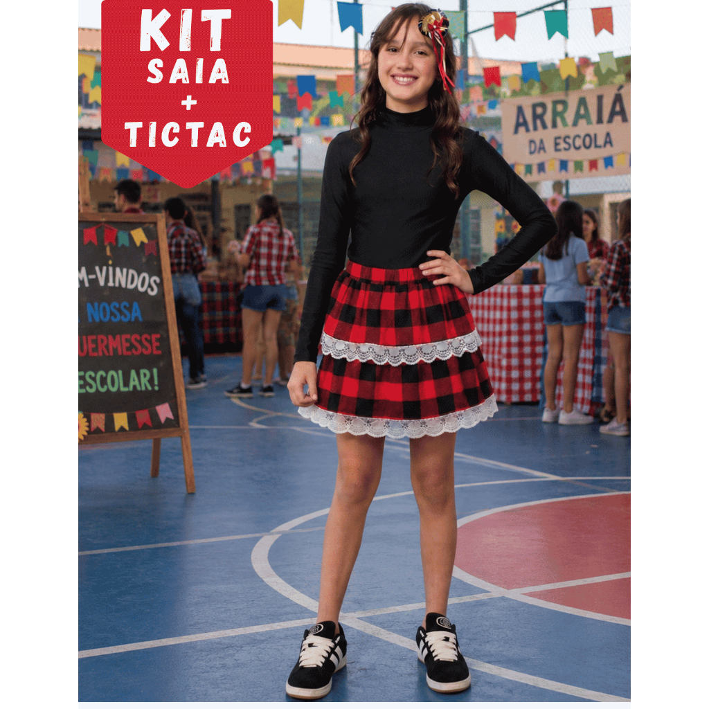 kit Saia Xadrez Festa Junina Juvenil + TicTac Chapeuzinho Arraia São João Quadrilha