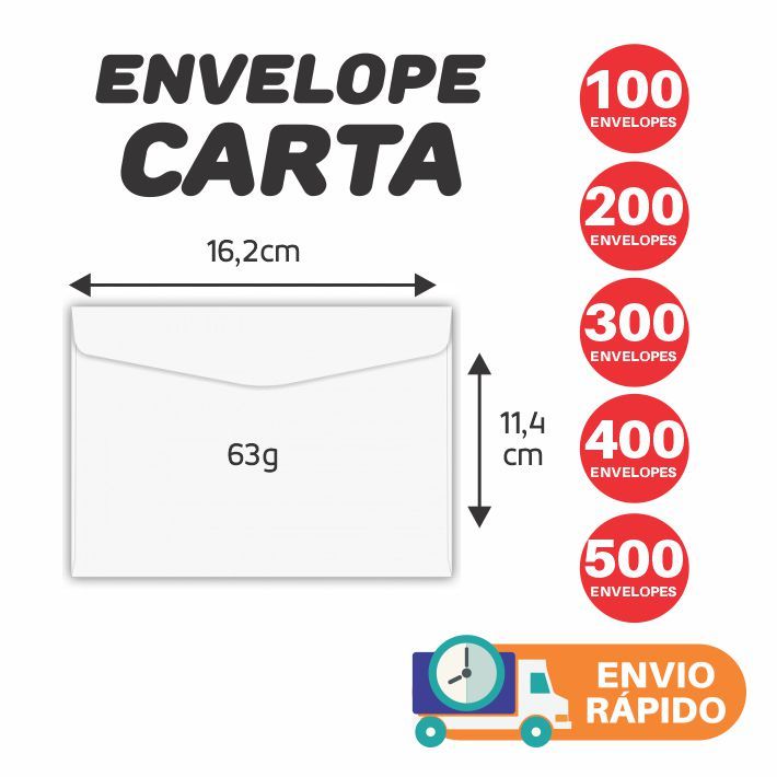 500 Envelopes Tipo Carta Convite 114x162mm Branco Liso sem CEP