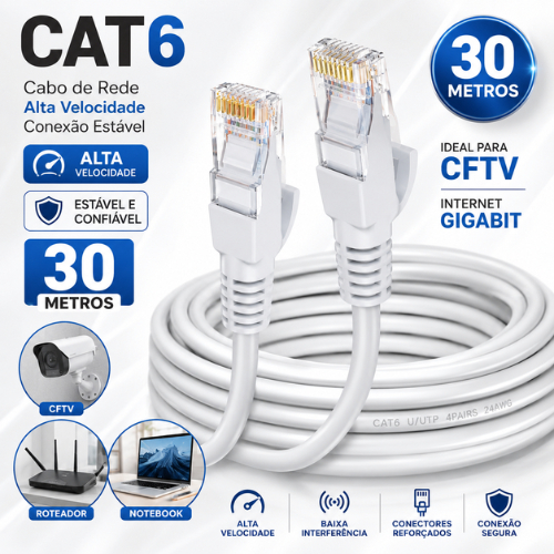 Cabo de Rede Cat6 30 Metros Blindado RJ45 Ethernet LAN para CFTV Internet Gigabit