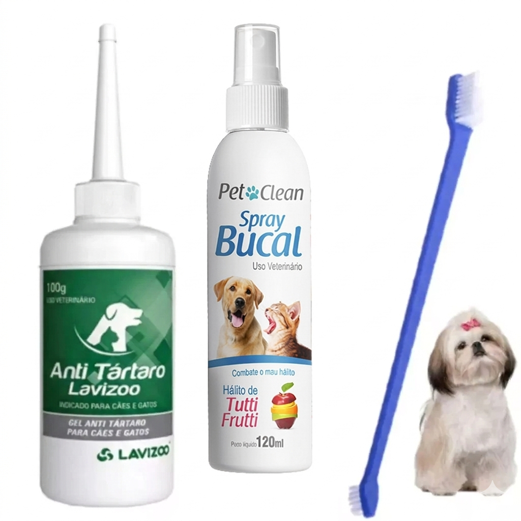 Kit Removedor De Tártaro Cachorro Gel P/ Cães Spray Bucal E Escova Cabo Longo Dupla
