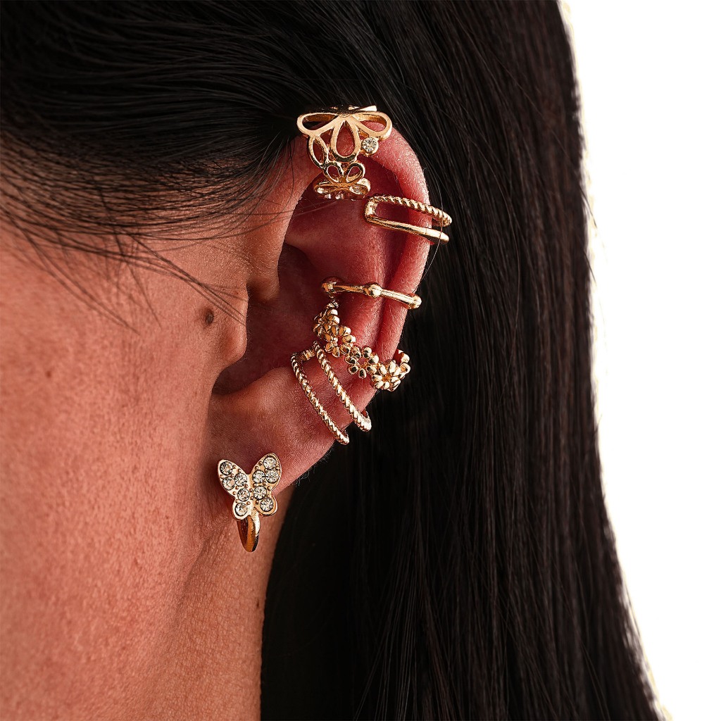 Kit 15 Brincos Clip Feminino Dourado Flor Estrela Strass Tendência