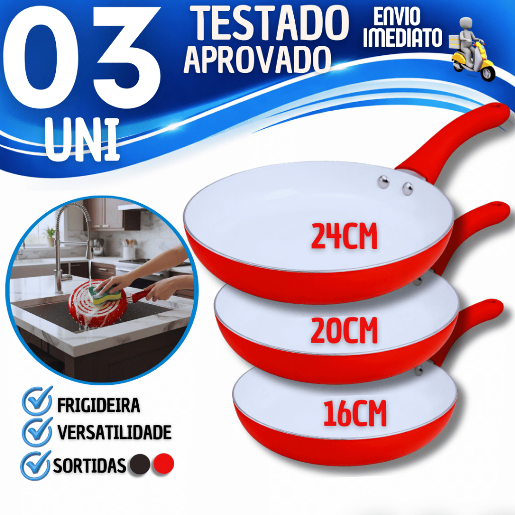 Combo Frigideiras Cerâmica Antiaderente Sem Óleo Não Gruda 16/20/24cm Cor Sortidas Utilidades