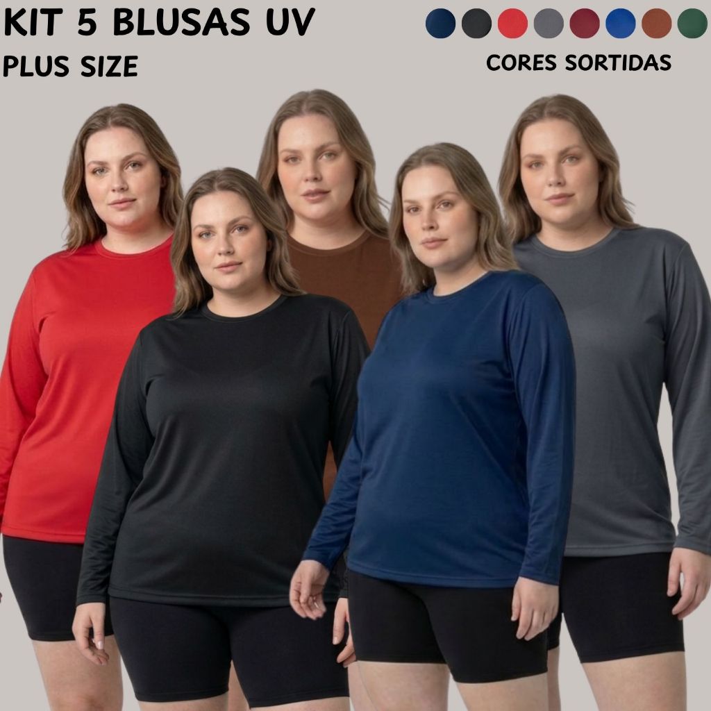 Kit 5 Blusas Uv Plus Size Feminina Proteção Térmica Cores Sortidas Verão Lançamento Segunda Pele