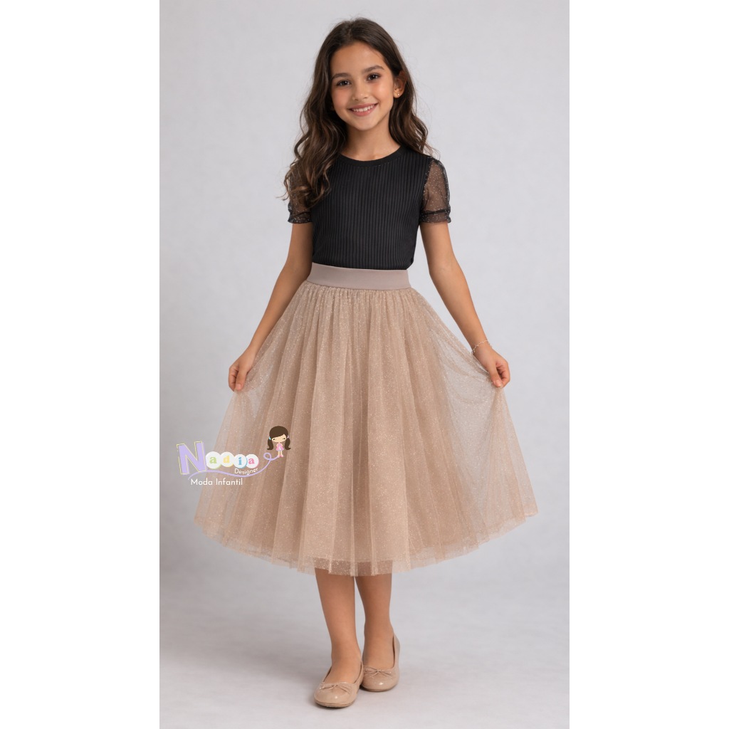 Saia Infantil Bege de Tule Cristal com Glitter – Moda Evangélica – 6 a 14 Anos