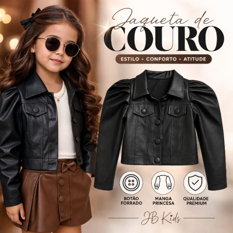 Jaqueta Infantil Couro Ecológico Menina Manga Princesa Botão Forrado Moda Blogueirinha 2 ao 10