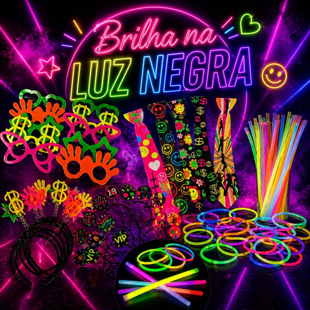Kit Balada Neon 130 pçs Completo Adereços Festa Casamento Formatura UAU FESTAS