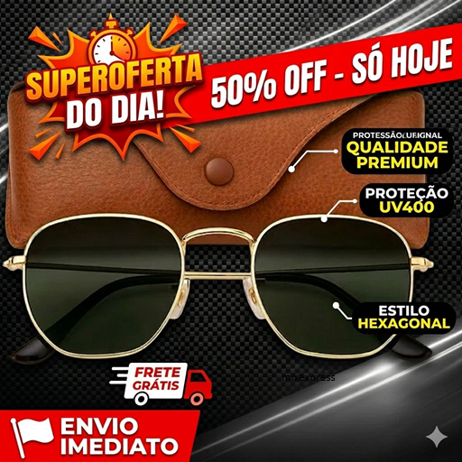 Óculos de Sol Hexagonal Feminino e Masculino com Lente Escura e Armação Metal Geométrico + caixinha preta