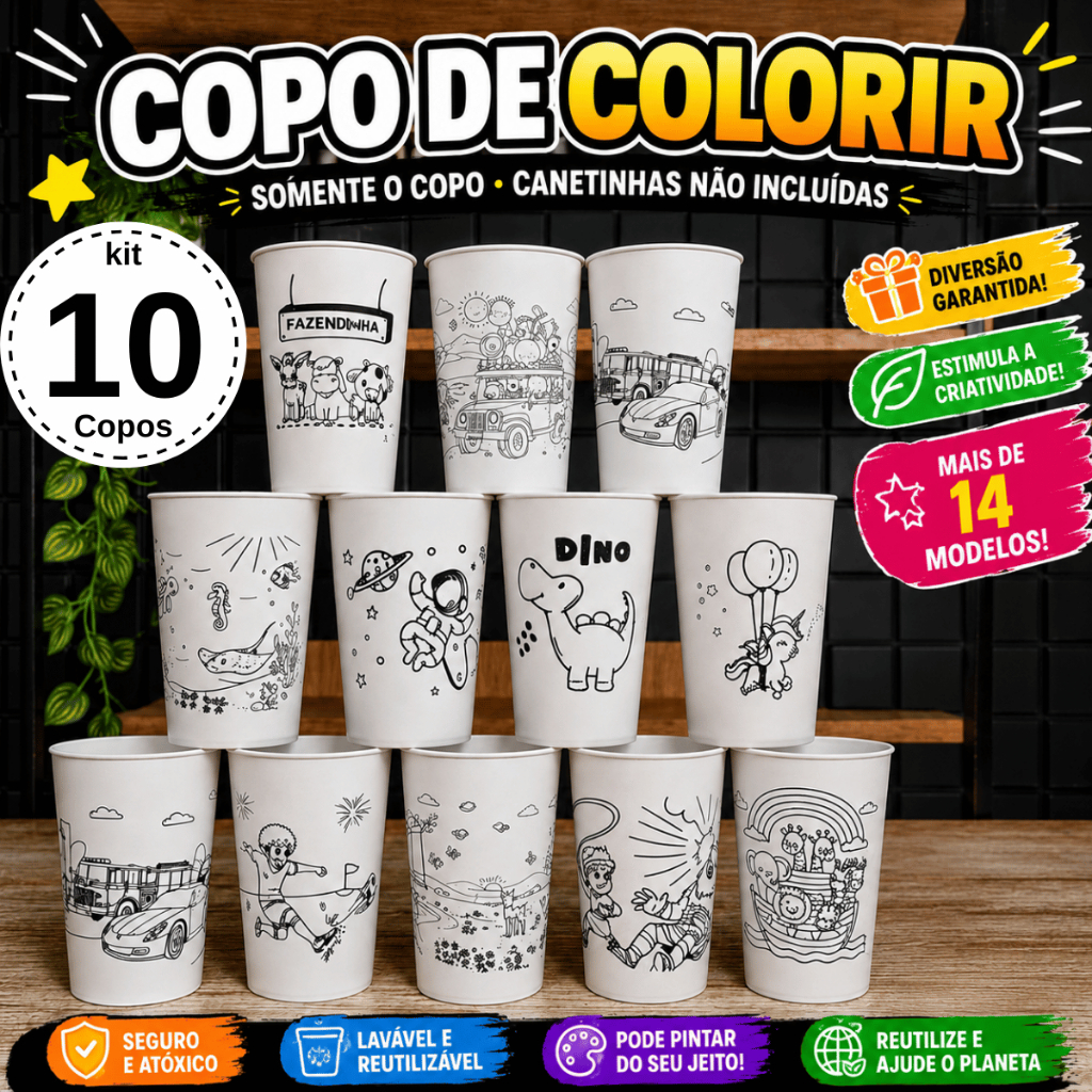 Lembrancinhas de Aniversário Infantil Copo de Colorir 10un Várias Estampas Para Crianças Educativo