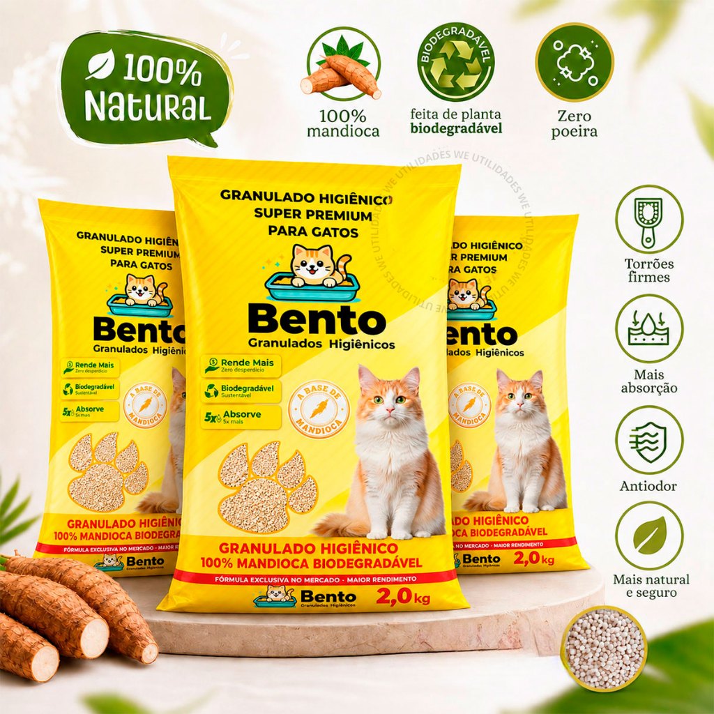 Areia Gato Biodegradável 12kg Mandioca Higiênica Grãos Ultra Finos Natural Rendimento Baixo Odor Pet