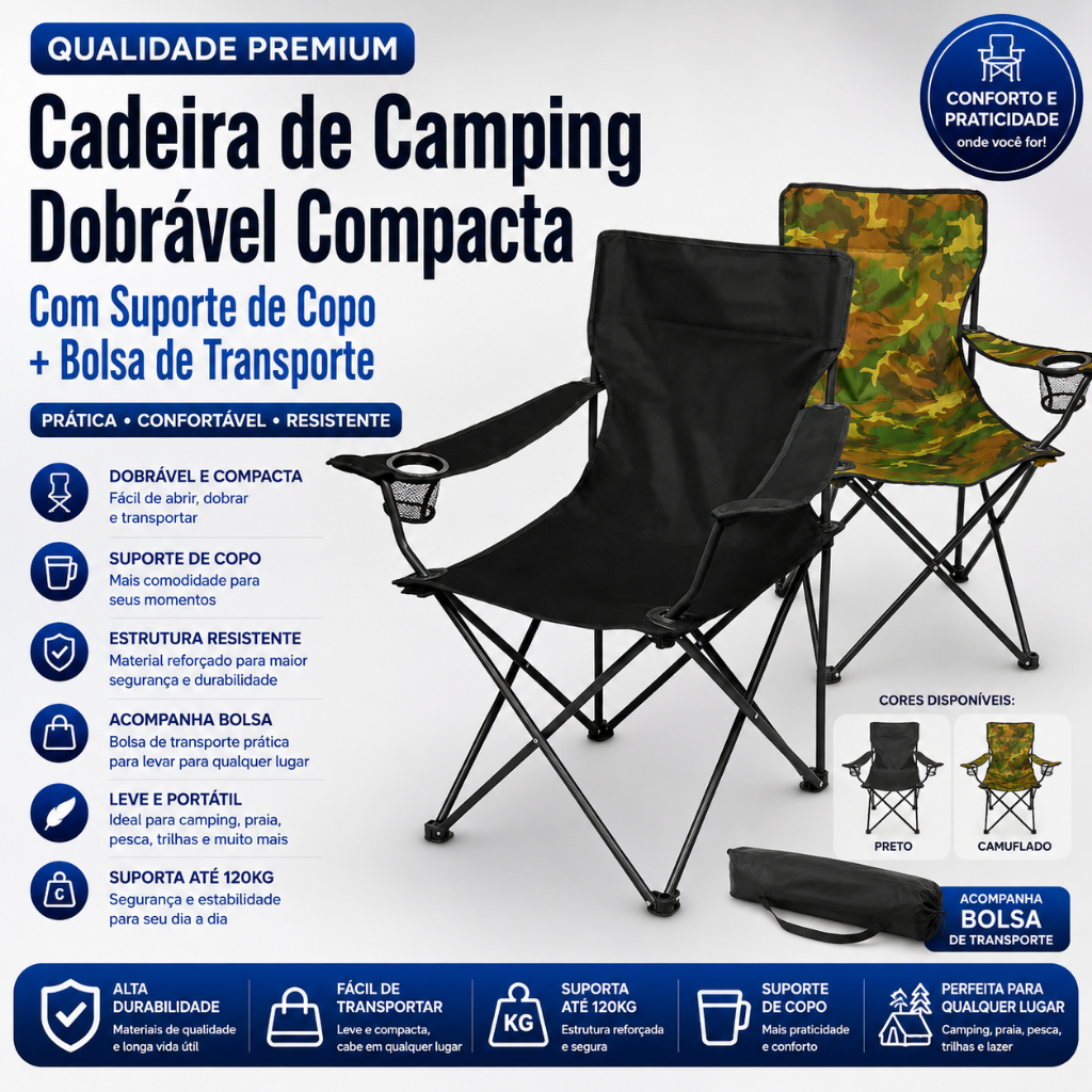 Cadeira de Camping Dobrável Compacta com Suporte de Copo + bolsa de transporte Pesca Praia