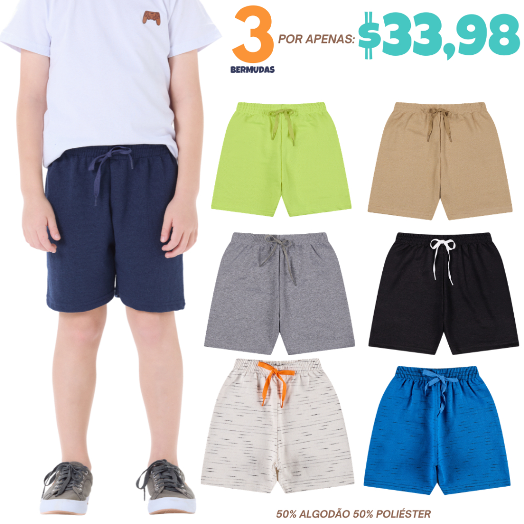 Kit 3 Bermudas Infantil Menino em Moletinho com cadarço 2 ao 12 anos