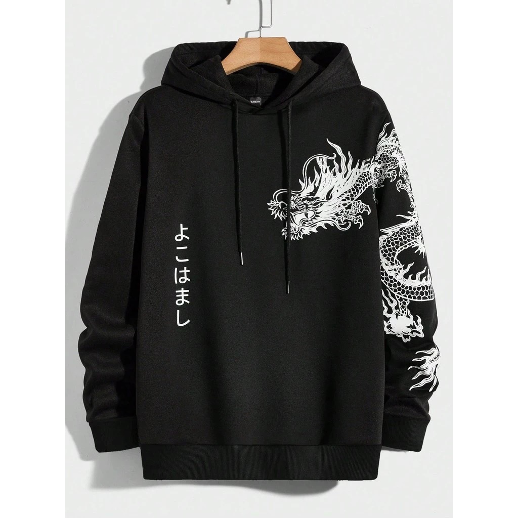 Moletom Canguru Capuz Bolso Blusa de Frio Feminino Masculino Unissex Algodão Dragão Japonês