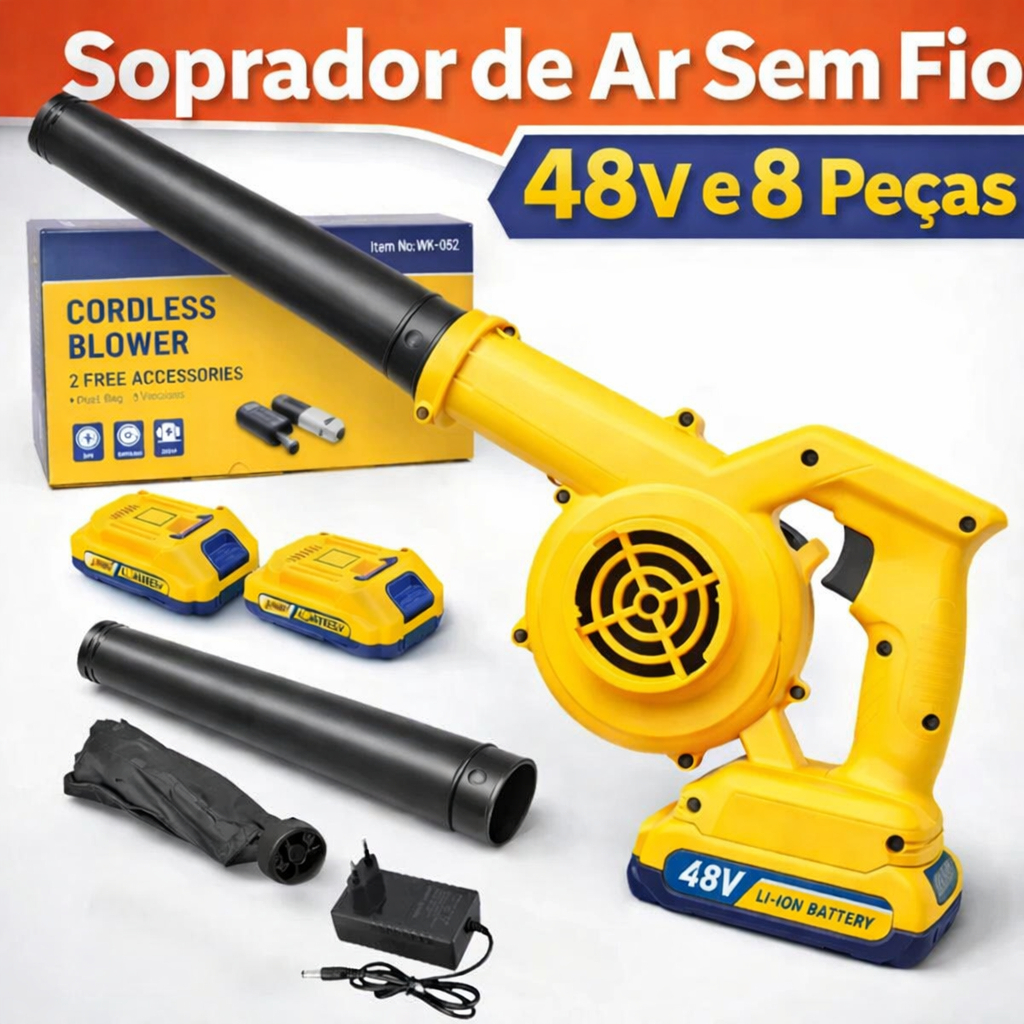 Mini Soprador De Ar Sem Fio 48V + 2 Baterias Kit Completo 8 Peças Bivolt Limpeza De Computador E Jardim